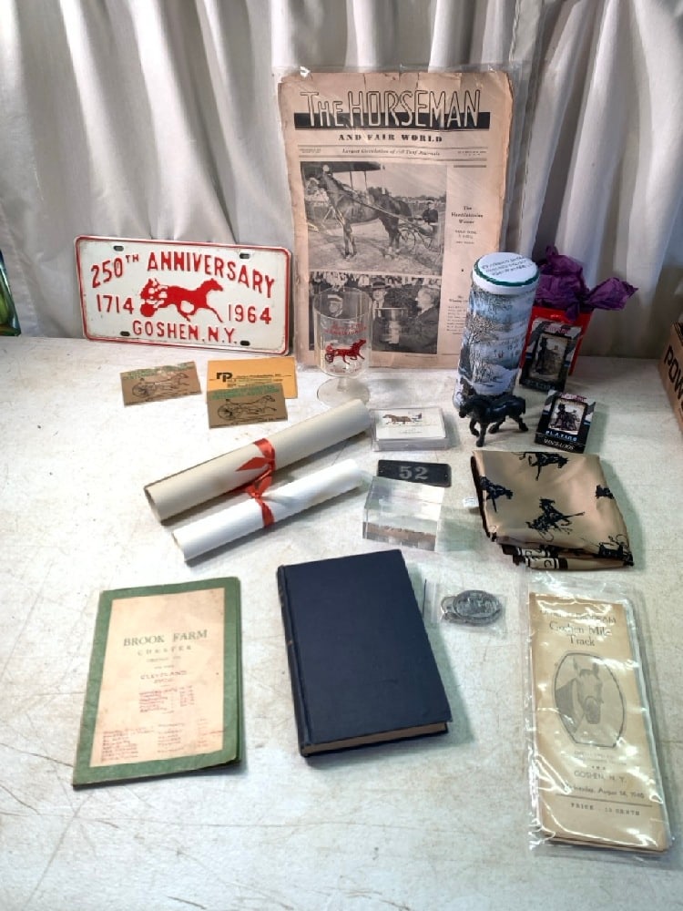 Equestrian Memorbilia: Equestrian Memorabilia - Brook Farm Chester Advertising Book, Fasig’s Tales of Turf and Memoir Book, Goshen Mile Track Program 1940, Silk Scarf, Playing Cards, License Plate and More