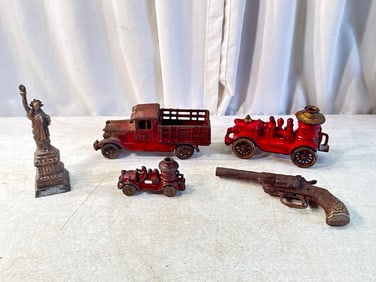 Vtg Cast Iron Firetrucks, Pickup, Gun & Brass Statue of Liberty