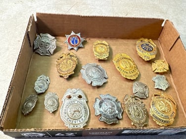 Vtg Firemen’s Badges, Hat Pins, Money Clip
