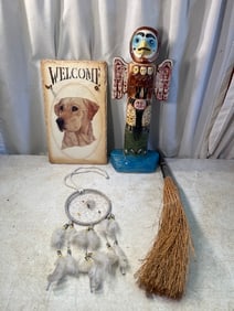 Decanter, Painted Slate, Handmade Broom, & Dream Catcher