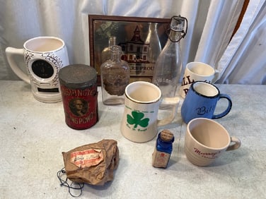 Various Vtg  Bottles, Mugs, Tins