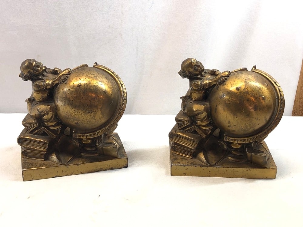 Pr. Brass Bookends: Pr. Brass Bookends Man At Globe - 4 3/4” x 3” x 5 1/2” Tall