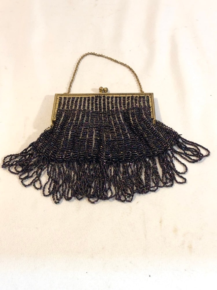Antique Carnival Glass Beaded Purse: Antique Carnival Glass Beaded Purse- Brass Frame