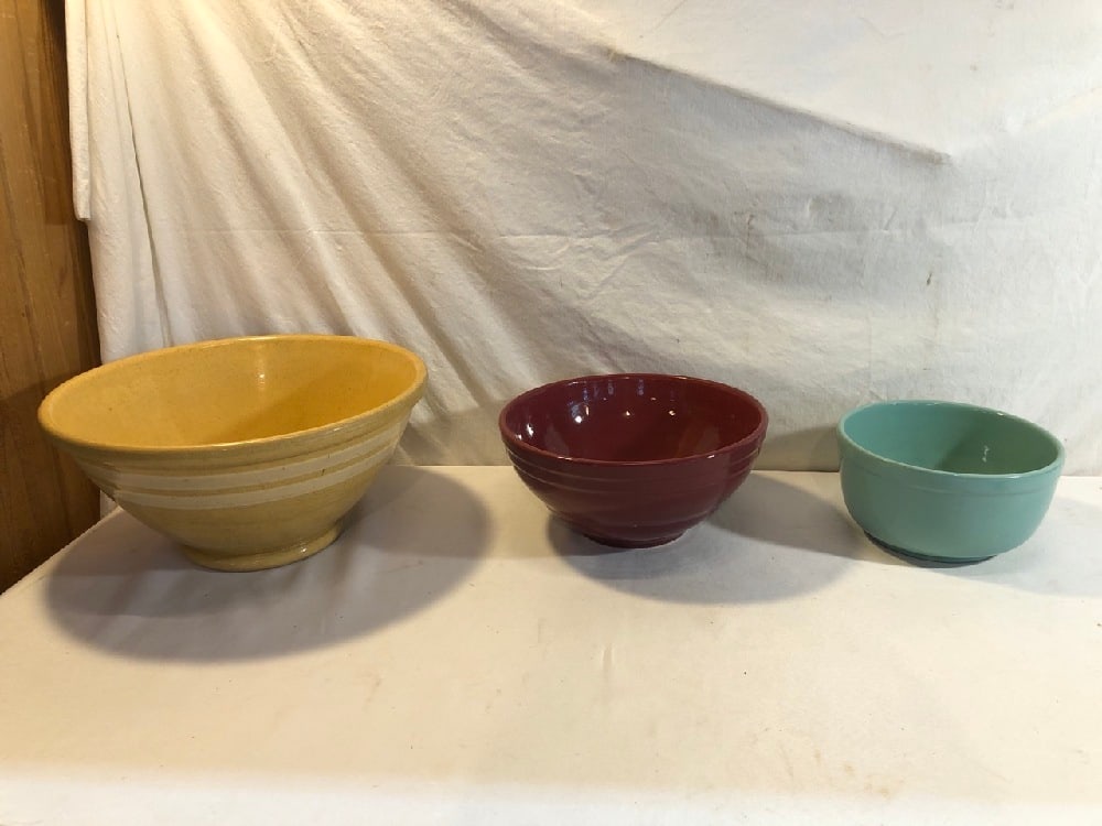 3 Vtg. Mixing Bowls: 3 Vtg. Mixing Bowls - Yellowware, Cranberry Stoneware and Turquoise marked USA
