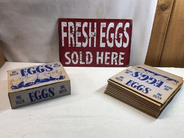12 Vtg Style Egg Carton boxes and Tin Sign