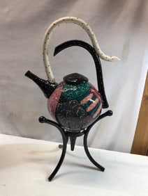 Unique Ceramic Teapot on Metal Stand