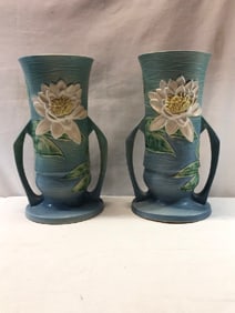 Large Pair Roseville Water Lily Vases