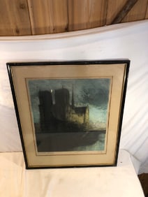 Framed Hand Colored Etching of Norte Dame de Paris