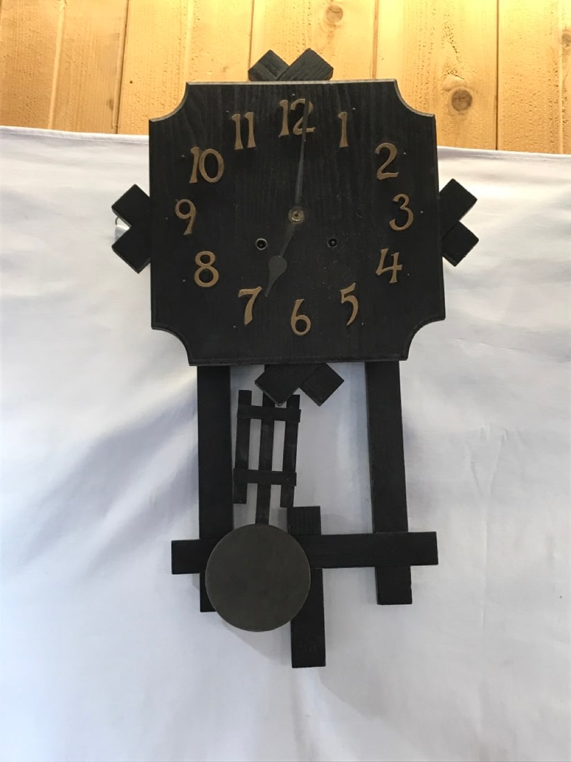 Antique Arts & Crafts Mission Wood Chime Wall Clock: Antique Arts & Crafts Mission Wood Chime Wall Clock - Brass Pendulum- 28” x 16”