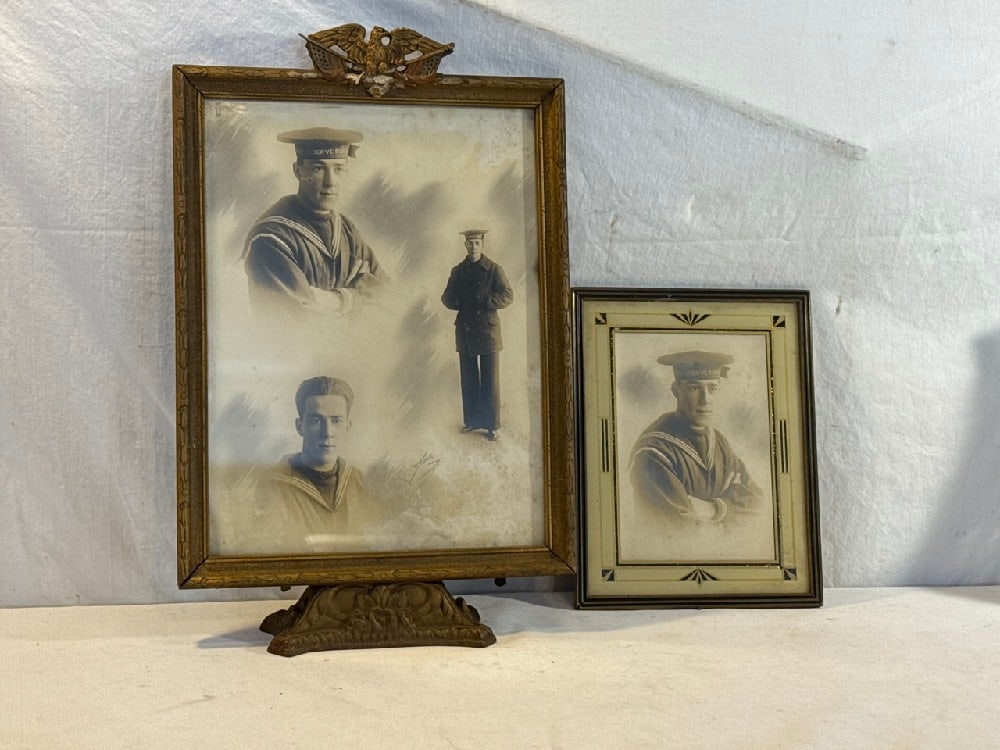 Antique Picture Frames Featuring Navy Salior- Pencil Signed: Antique Table Top Picture Frame Featuring Collage of Navy Salior- Pencil Signed