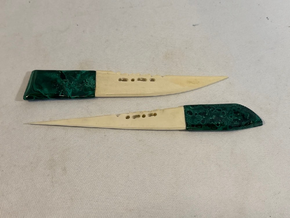 Antique Malachite and Bone African Letter Openers: 2 Antique Malachite and Bone African Letter Openers - one 8 1/2” and one 9 “