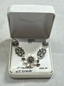 Genuine MOP Sterling Silver Marcasite floral Necklace
