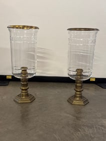 Pr. Large Ralph Lauren Brass and Glass Hurricane Candle Holders