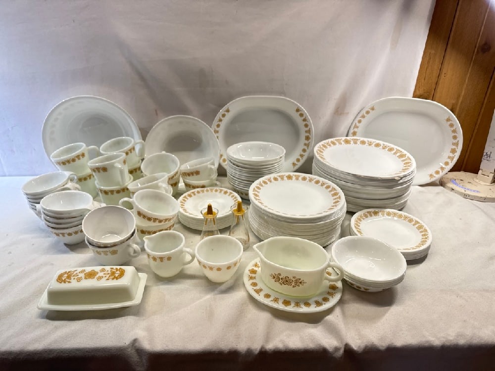 Large Corelle & Pyrex Butterfly Dinnerware Set: Large Corelle & Pyrex Butterfly Dinnerware Set- 2- 12” Platters, S&P Shakers, Gravy Boat & Underplate, Butter Dish, Sugar & Creamer, 31 Dinner Plates, 26-Luncheon Plates, 7- Desert Plates, 11- S