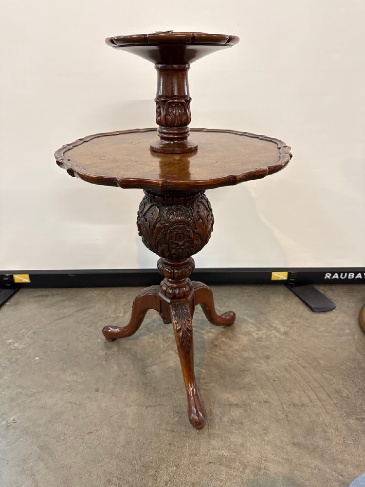 Vtg. Ash Tray 2 Tier Table: Vtg. Ash Tray 2 Tier Table - Pie Crust Style - Carved Wood , Copper Insert - 27” Tall
