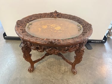 Early Victorian Hand Carved Cherub Inlay Coffee Table With Glass Tray