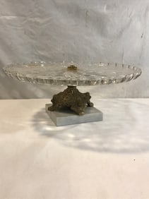 Vtg Ornate Crystal, Brass Footed Marble Base Pedestal Cake Platter