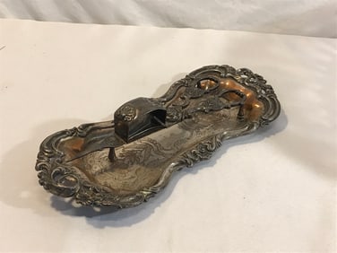 Victorian Silver Plate Wick Snuffer on Copper under plate Tray
