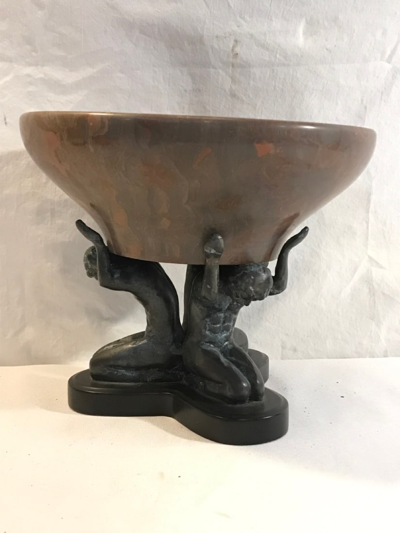 Art Deco Bronze Centerpiece With Agate Stone Bowl (1 of 6)