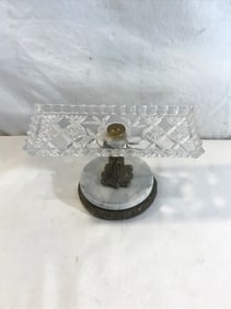 MCM Etched Glass Tray on Brass and Marble Pedestal Base