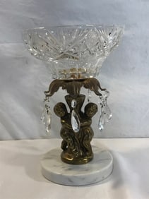 Vtg. Cut Crystal Bowl Copper Cherub, Marble Base