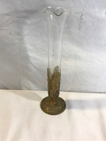 Antique Ormolu Glass Bud Vase with Floral Brass Stand