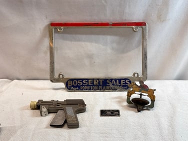 Tin Litho Wind-up Toy, Super Nu-Matic Jr Cap Gun, Us Navy Bomb Shackle WWII Name plate and Bossert