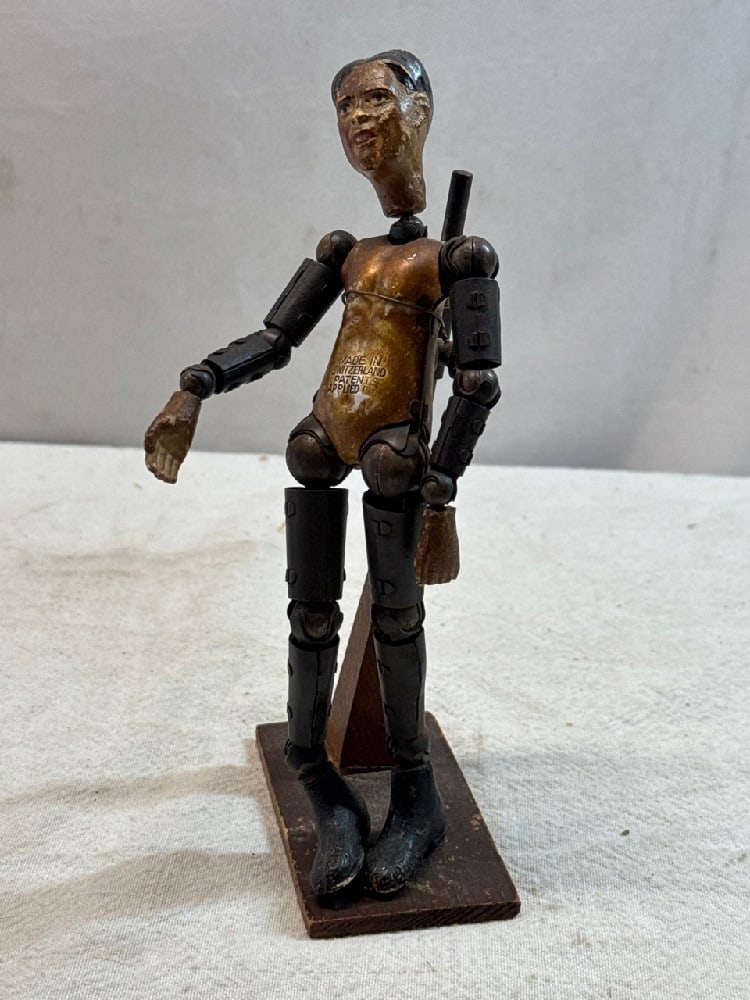 Vtg. Butcherer Saba Aluminum Doll: Vtg. Bucherer Saba Aluminum Doll ~ Articulated Metal Man~ Made in Switzerland