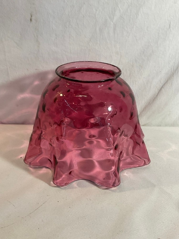 Vtg. Cranberry Glass Lampshade: Vtg. Cranberry Glass Lampshade - Ruffled Thumbprint 6” Tall x 9” around base x 3 1/4” Opening