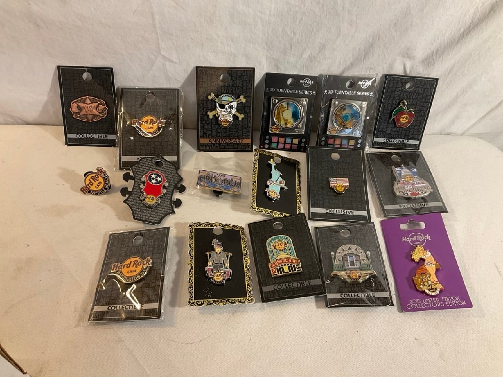 Hard Rock Cafe Collectable Pins: 17 Hard Rock Cafe Collectable Pins including Las Vegas, New York, Washington DC, Hamburg, Osaka Japan, Nashville, Myrtle Beach, Libson, Houston and Chicago
