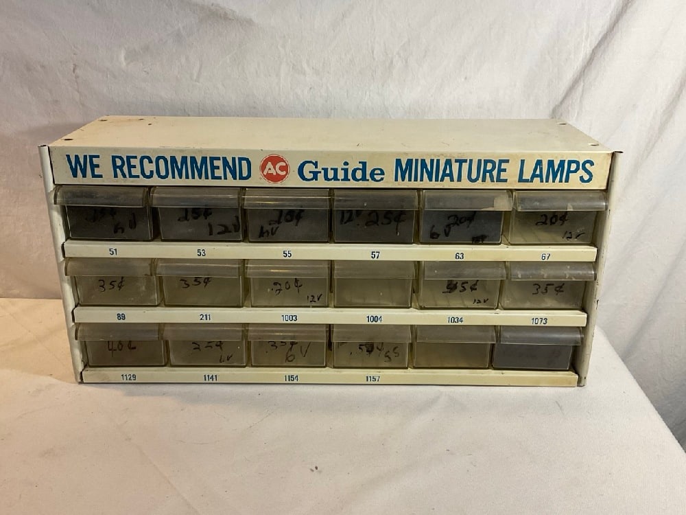 Vtg. AC Guide Miniature Lamp 18 Drawer Metal Display Cabinet: Vtg. AC Guide Miniature Lamp 18 Drawer Metal Display Cabinet- 19” Long x 6” Wide x 9” Tall