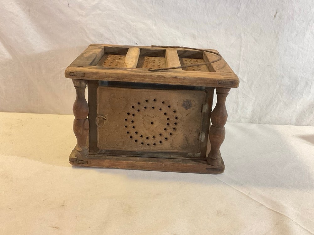 Antique Wood and Punched Tin Foot Warmer: Antique Wood and Punched Tin Foot Warmer “Foot Stove”