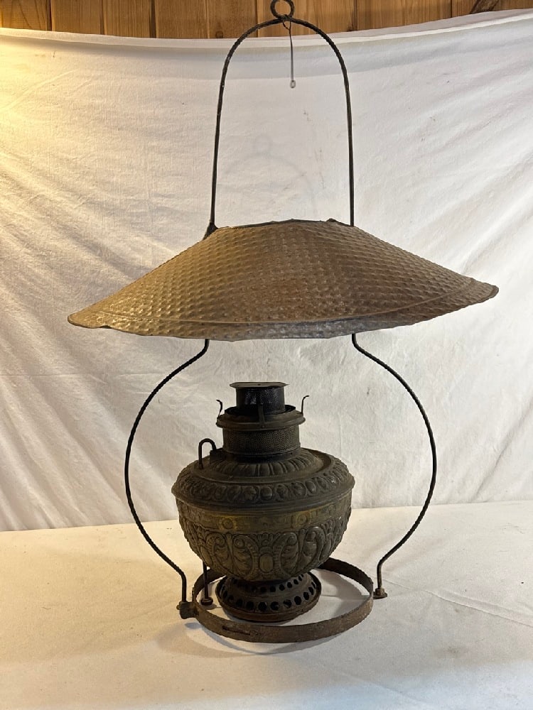 Antique Brass Hanging Country Store Oil Lamp: Antique Brass /Metal Hanging Country Store Oil Lamp ~ 29” Tall