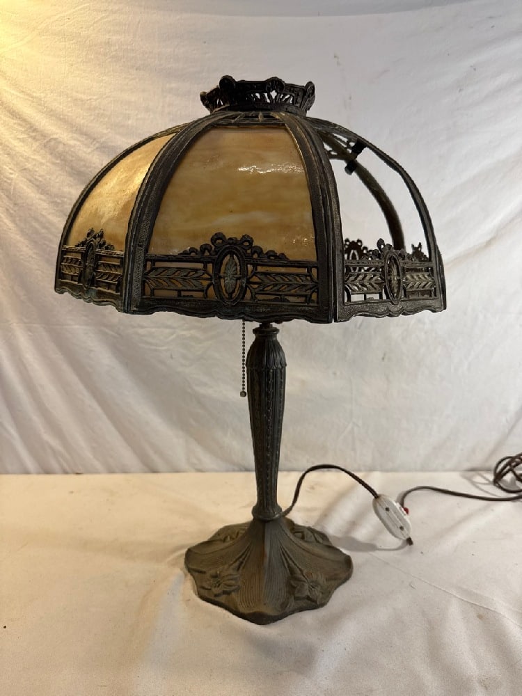 Antique Slag Glass Lamp: Antique Slag Glass Cast & Brass Lamp- Missing 3 Panels ~ 21 1/2” Tall