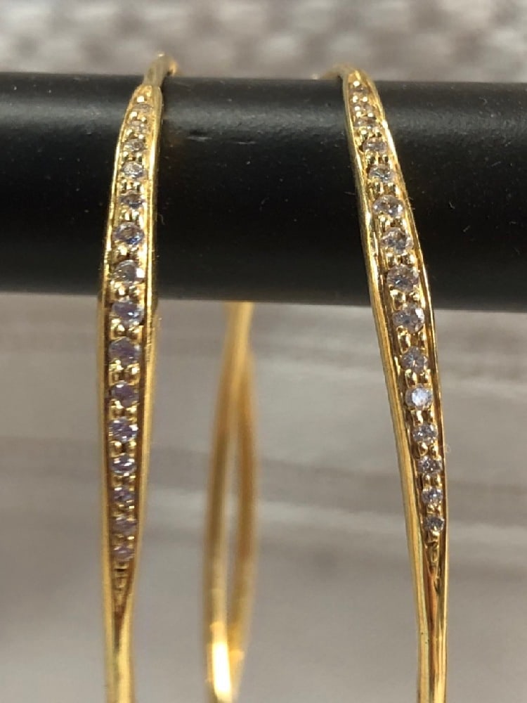 750 18Kt Gold Diamond Hoop Earrings: 750 18Kt Gold Diamond Hoop Earrings ~ Movado Diamond Designer Signed “Jordan Schlanger” “750” ~ 2 1/8” ~ 5.3 Grams Total Weight