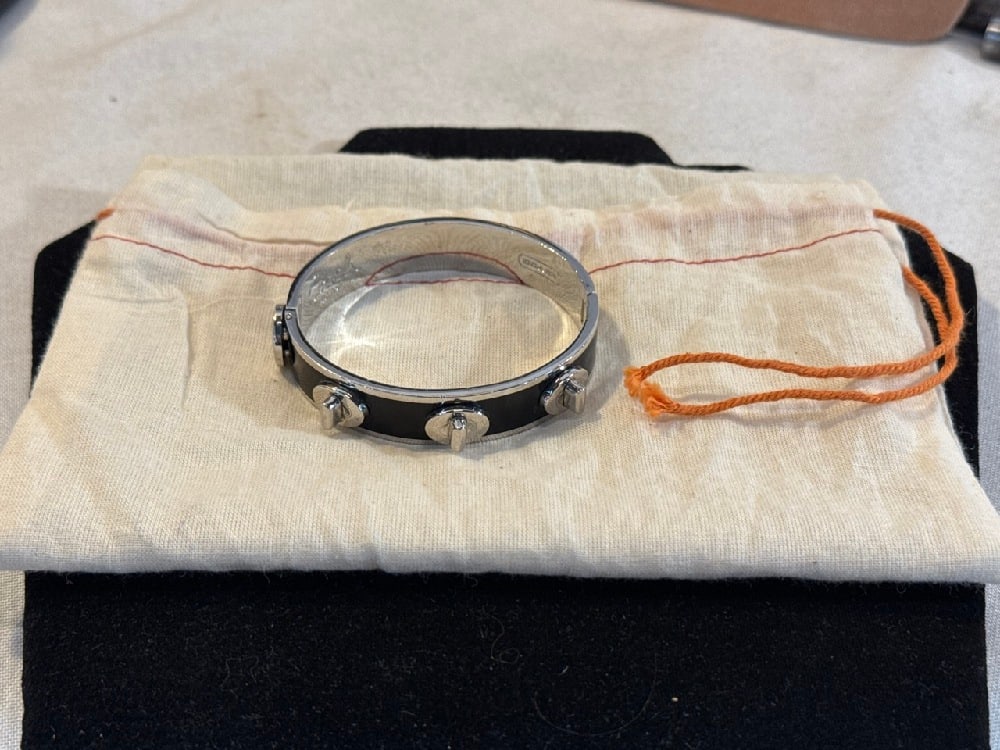 Coach Black Enamel And Silver Tone Studded Hinged Bangle Bracelet: Coach Black Enamel And Silver Tone Studded Hinged Bangle Bracelet