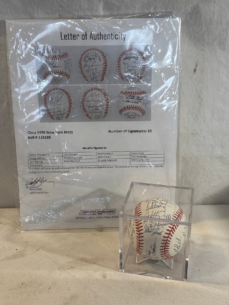Signed New York Mets Baseball with Letter of Authenticity: Signed New York Mets Baseball with Letter of Authenticity - 30 Signatures including Daryl Strawberry, Gregg Jeffries, Ron Darling, David Cone, Doc Gooden, Howard Johnson, Mike Marshall, Bud Harrelson,