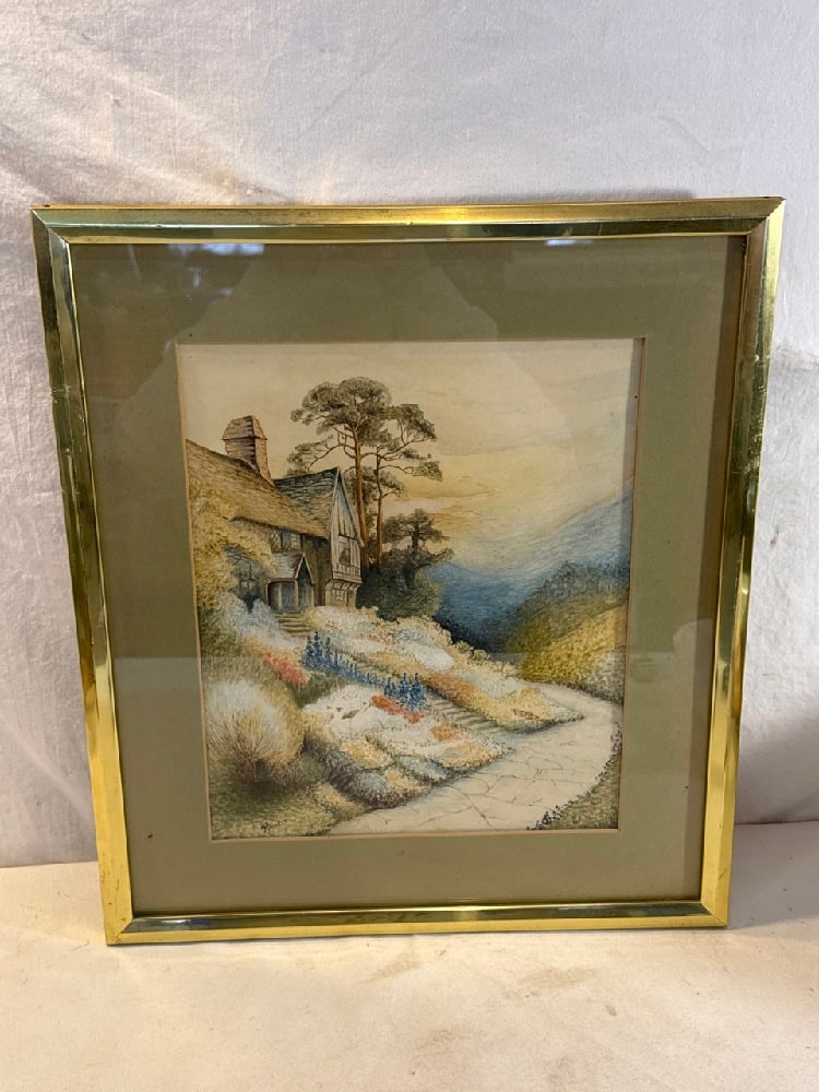 Framed Water Color Cottage Signed Hallett: Framed Water Color Cottage Signed Hallett - 14 1/2” x 16 1/2”