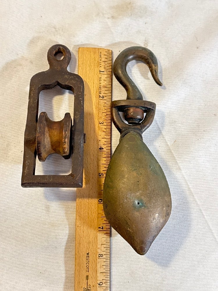 2 Antique Pulleys: 2 Antique Pulleys- Block & Tackle ( Cast frame wood wheel) and solid Brass Pulley