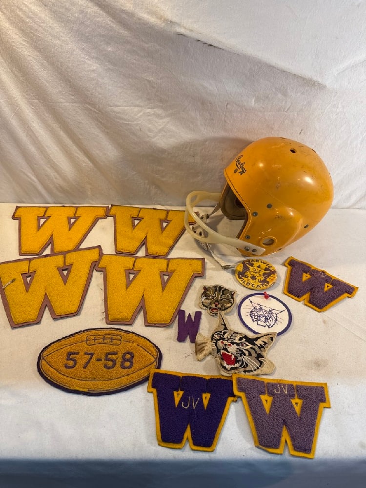 Vtg. 50’s Rawlings football Helmet and Warwick Wildcats Memorabilia: Vtg. 50’s Rawlings football Helmet and Warwick Wildcats Memorabilia - varsity Letters, Patches and Pin