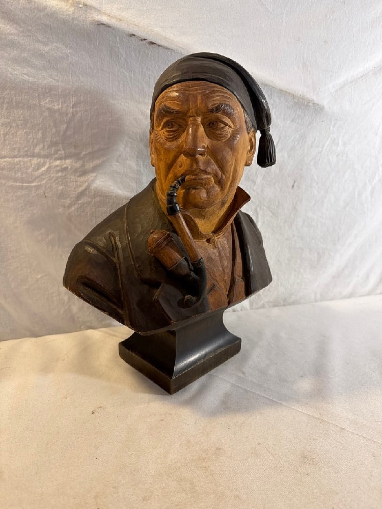 Hand Carved Bust of Man Smoking pipe: Hand Carved Bust of Man Smoking pipe ~ 14 1/2” Tall