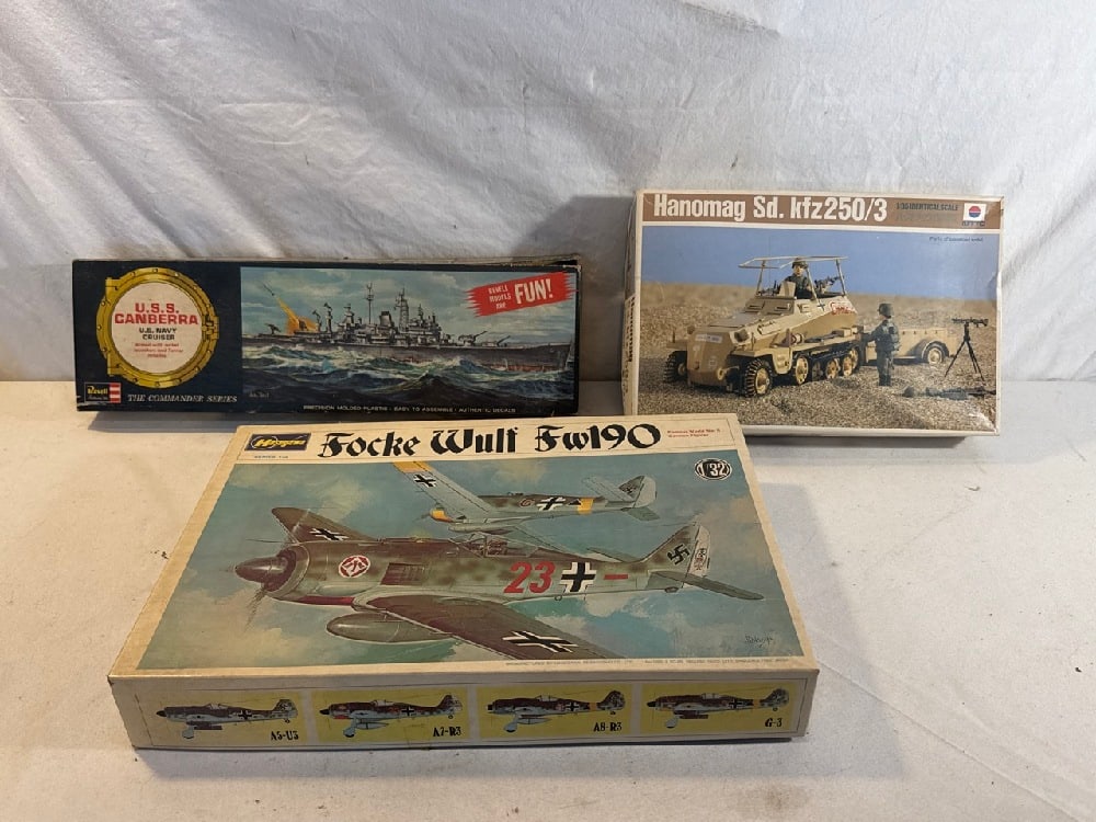 Vtg. Model Kits: Vtg. Model Kits- Revel U.S.S. Canberra U.S. Navy Cruiser, Hasegawa Focke Wulf FW190 WWII German Fighter and Hannah Sd. kfz250/3