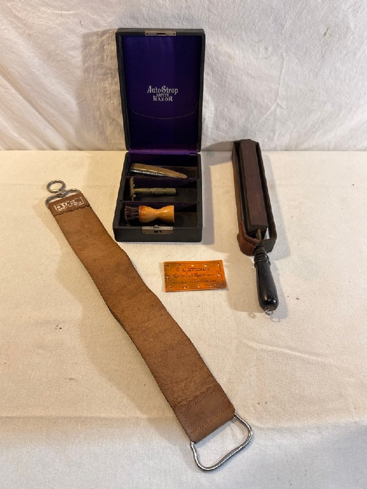 Vtg. Barber Shop Tools: Vtg. Barber Shop Tools ~ Razor Kit, Leather Sharpening Belts , Punch Card