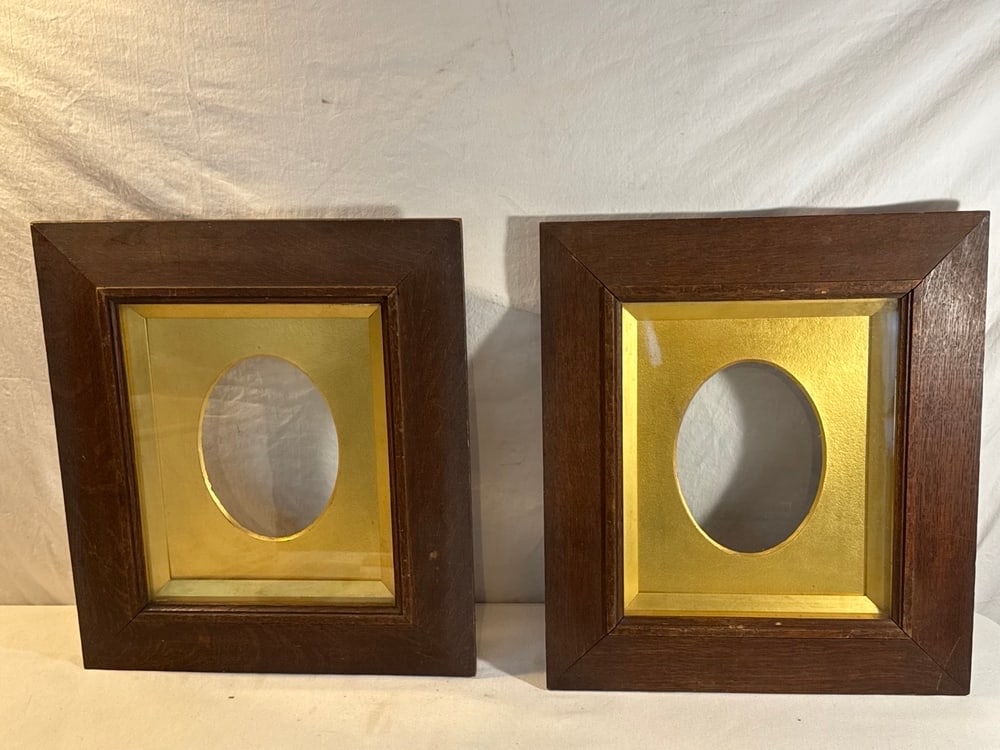 Pr. Antique Oak Frames: Pr. Antique Oak Frames with Gold Oval Matting