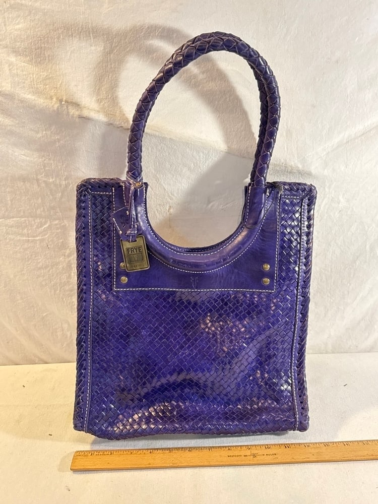 Frye Skull Purple Woven Leather Tote Bag: Frye Skull Purple Woven Leather Tote Bag With Braided Handles