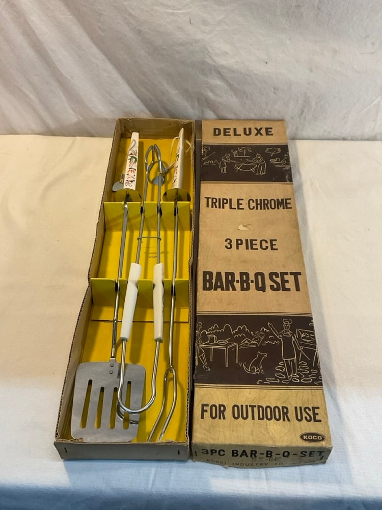 Vtg. Koco 3-pc Triple Chrome Bar-B-Q-Set: Vtg. Koco 3-pc Triple Chrome Bar-B-Q-Set ~ NIB