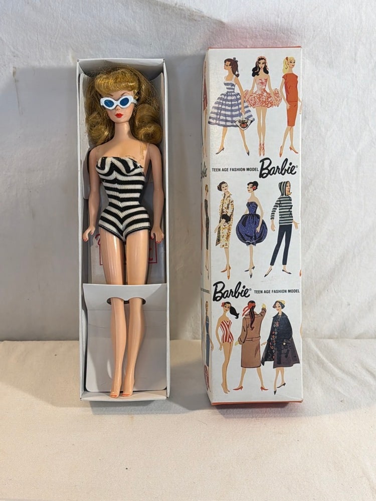 Vintage 35th Anniversary Barbie Doll in Striped Swimsuit with Original Box: Vintage 35th Anniversary Barbie Doll in Striped Swimsuit with Original Box- Stock No 850