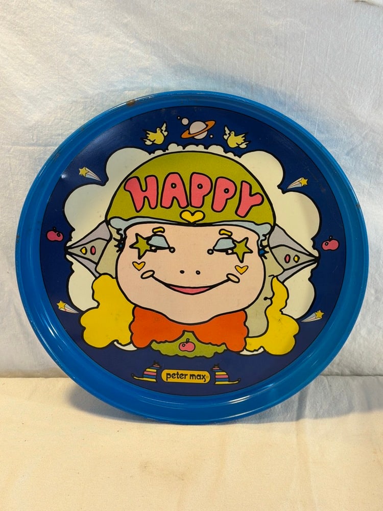 Vtg. 1960’s Peter Max Happy Metal Tray: Vtg. 1960’s Peter Max Happy Metal Tray - 13” Round