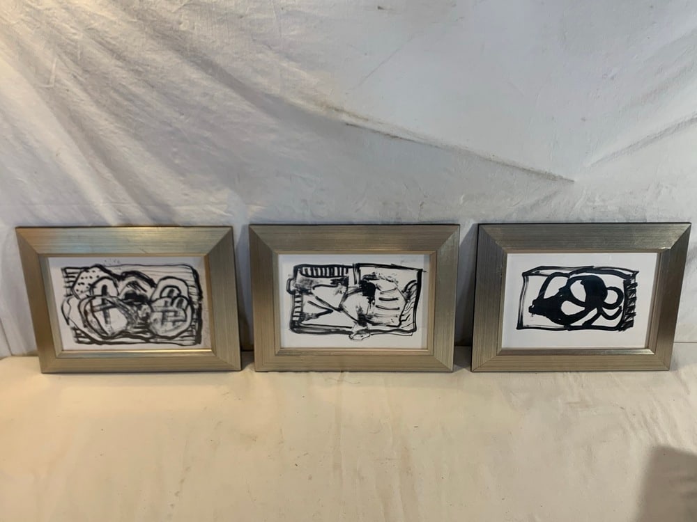 3 Framed Ink on Paper By Neil Conrad: 3 Framed Ink on Paper By Neil Conrad ~ “Stage of Enigna”, “Magic Coupon”, “Charm Box” 12” x 9 1/4”