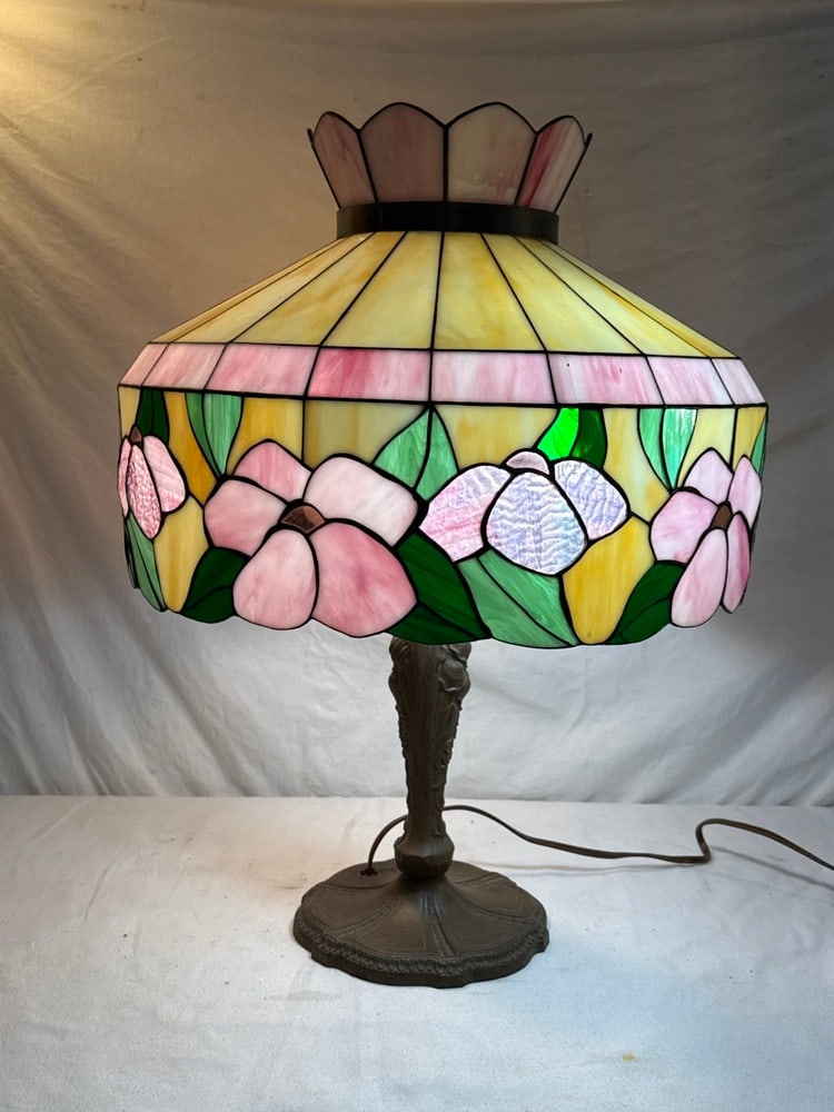 Vtg. Stained Glass Table Lamp: Vtg. Stained Glass Table Lamp - Metal Decorative Base ; Stained Glass Shade ~ 24” Tall ; Shade is 18” Round Bottom and 8” Round Top x 13” Tall ~ Works